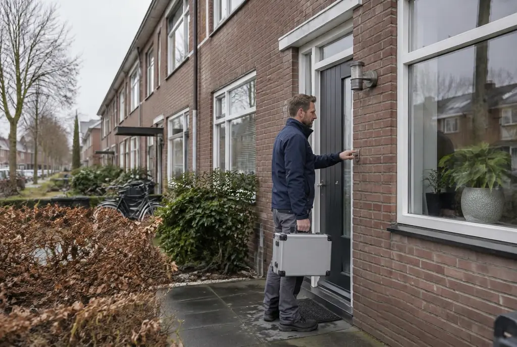 Lekdetectiespecialist met meetkoffer bij de voordeur van een woning in Ter Aar
